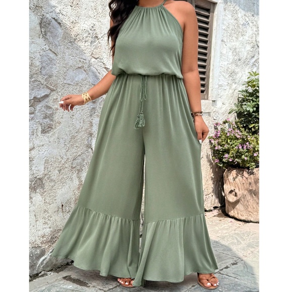 Plus Sage Green Halter Neck Wide leg Jumper Jumpsuits - Picture 2 of 4
